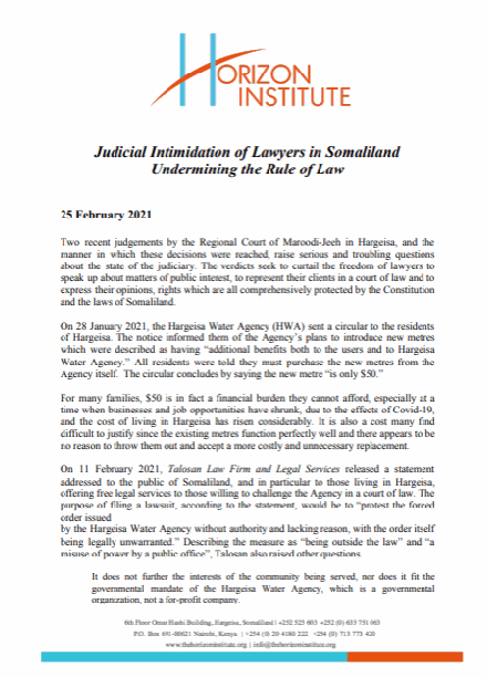 Horizon Institute Statement on Judicial Intimidation of Lawyers in Somaliland 25 February 2021