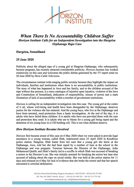 When There Is No Accountability Children Suffer: Horizon Institute Calls for an Independent Investigation into the Hargeisa Orphanage Rape Case