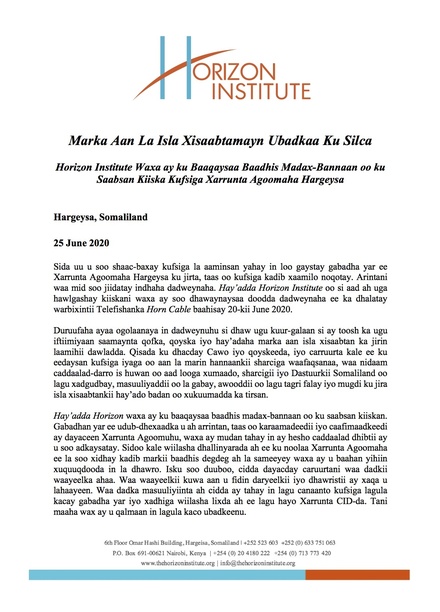 Marka Aan La Isla Xisaabtamayn Ubadkaa Ku Silca: Horizon Institute Waxa ay ku Baaqaysaa Baadhis Madax-Bannaan oo ku Saabsan Kiiska Kufsiga Xarrunta Agoomaha Hargeysa